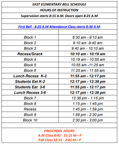 Bell Schedule – East Elementary School