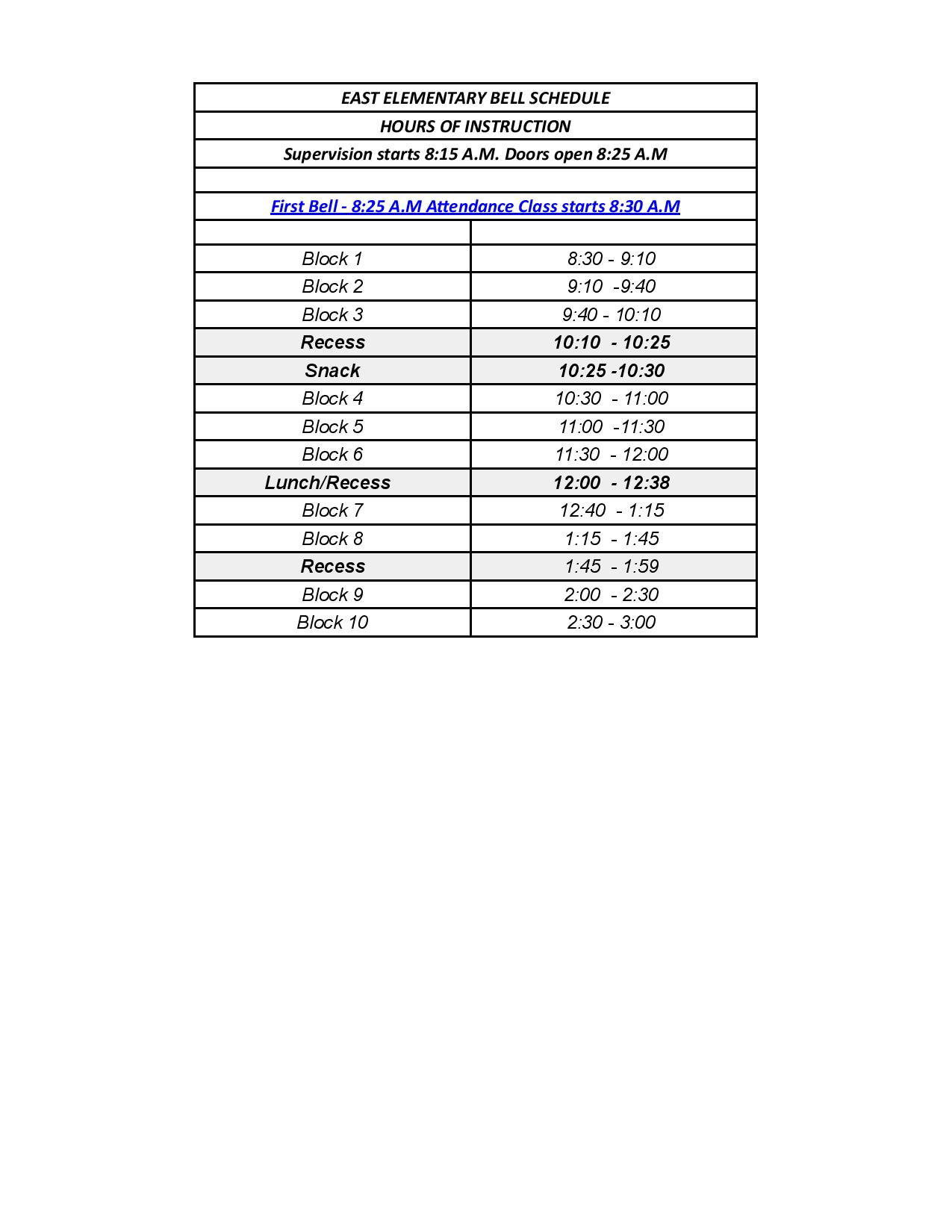 Bell Schedule East Elementary School